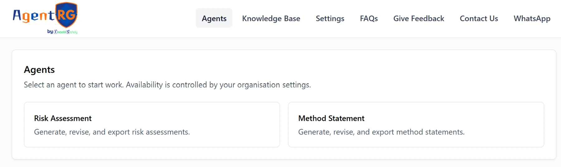 AgentRG Agents screen showing Risk Assessment and Method Statement workflows.