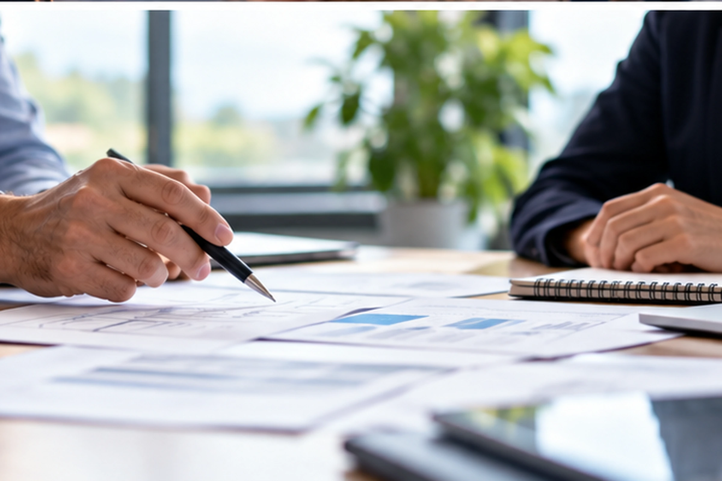 Editorial illustration of professionals reviewing plans and safety information.