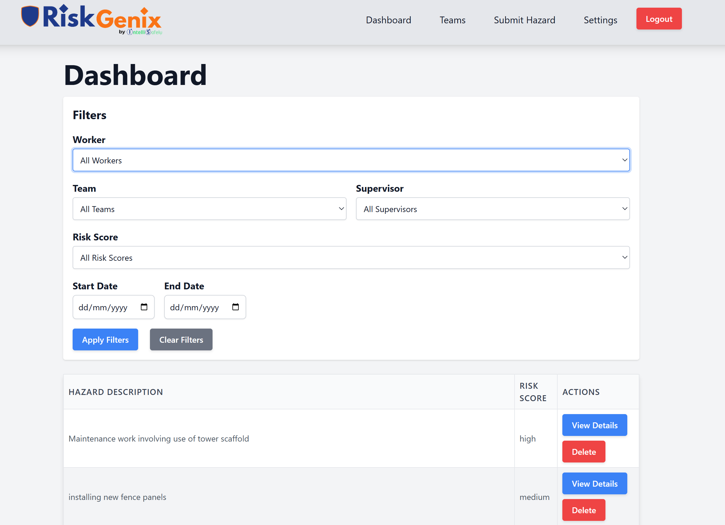 RiskGenix dashboard showing risk-assessment records and filters.