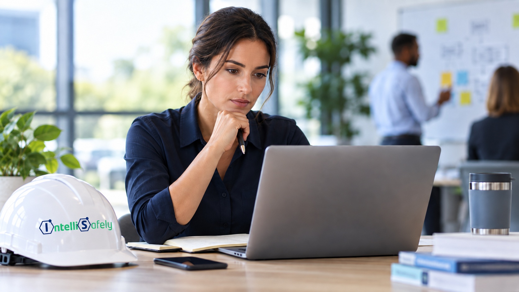 Professional reviewing workplace information on a laptop in a safety-focused office setting.